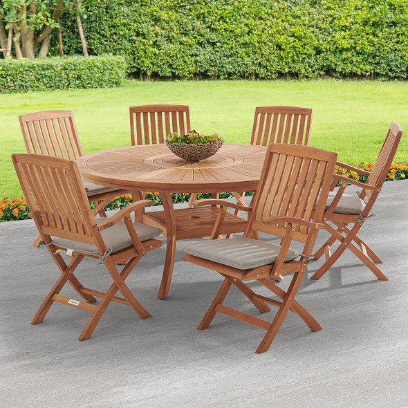 Westport Teak with Cushions 7 Piece Arm Dining Set + Bristol 59 in. D Table