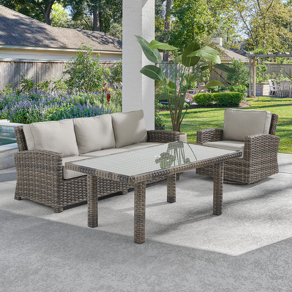 Contempo Husk Outdoor Wicker with Cushions 3 Piece Swivel Sofa Group + 65 x 34 in. Lounge Table