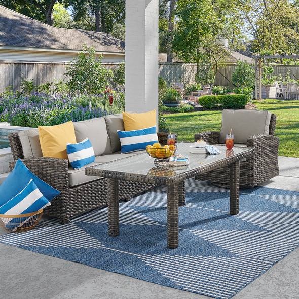 Contempo Husk Outdoor Wicker with Cushions 3 Piece Swivel Sofa Group + 65 x 34 in. Lounge Table
