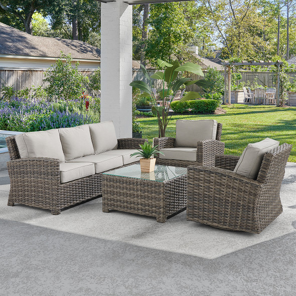 Contempo Husk Outdoor Wicker with Cushions 4 Piece Swivel Sofa Group + 32 in. Sq. Glass Top Coffee Table