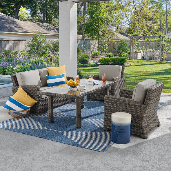 Contempo Husk Outdoor Wicker with Cushions 4 Piece Loveseat Group + 65 x 34 in. Lounge Table
