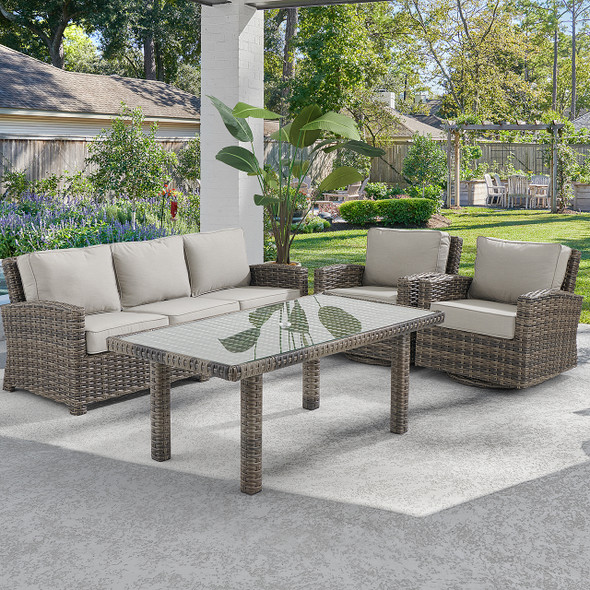 Contempo Husk Outdoor Wicker with Cushions 4 Piece Swivel Sofa Group + 65 x 34 in. Lounge Table