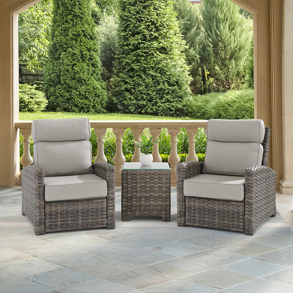 Contempo Husk Outdoor Wicker with Cushions 3 Piece Recliner Set + 20 in. Sq. End Table