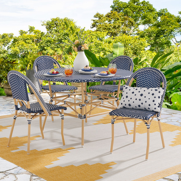 Parisian Cafe Cane Aluminum with Wicker 5 Piece Side Dining Set + 48 in. D Table