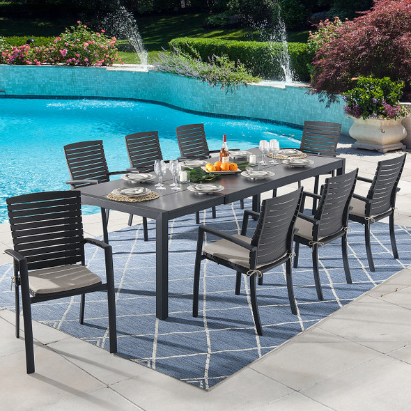 Miami Dark Grey Aluminum and Cushion 9 Piece Dining Set with 72-96 x 39 in. Extension Table -