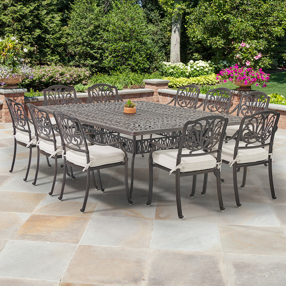 Cadiz Aged Bronze Cast Aluminum with Cushions 11 Piece Dining Set + 90 x 64 in. Table -