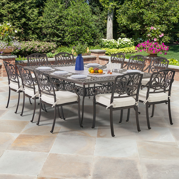 Cadiz Aged Bronze Cast Aluminum with Cushions 11 Piece Dining Set + 90 x 64 in. Table -
