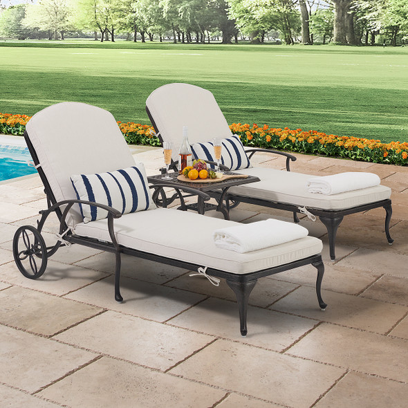 Cadiz Aged Bronze Cast Aluminum with Cushions 3 Piece Chaise Lounge Set + 21 in. Sq. Side Table-