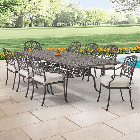 Cadiz Aged Bronze Cast Aluminum with Cushions 9 Piece Dining Set + 71-103 x 44 in. Double Extension Table -
