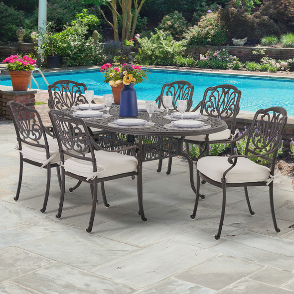 Cadiz Aged Bronze Cast Aluminum with Cushions 7 Piece Dining Set + 72 x 42 in. Table -