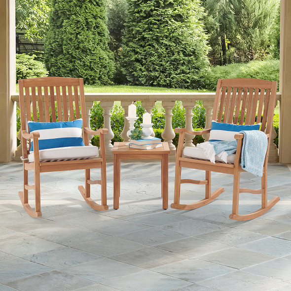 Eastchester Teak with Cushions 3 Piece Rocking Chair Group + 20 in. Sq. End Table