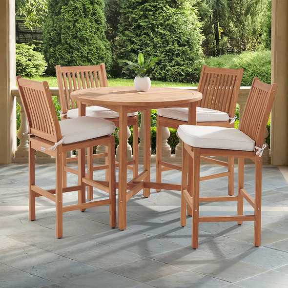 Eastchester Teak with Cushions 5 Piece Bar Set + 43 in. D Table