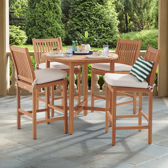 Eastchester Teak with Cushions 5 Piece Bar Set + 43 in. D Table