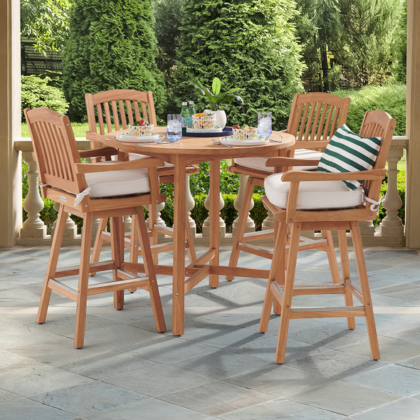 Eastchester Teak with Cushions 5 Piece Swivel Bar Set + 43 in. D Table