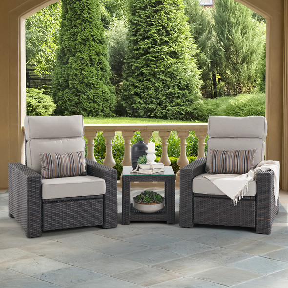 San Lucas Dark Elm Outdoor Wicker with Cushion 3 Piece Recliner Set + 22 in. Sq. End Table