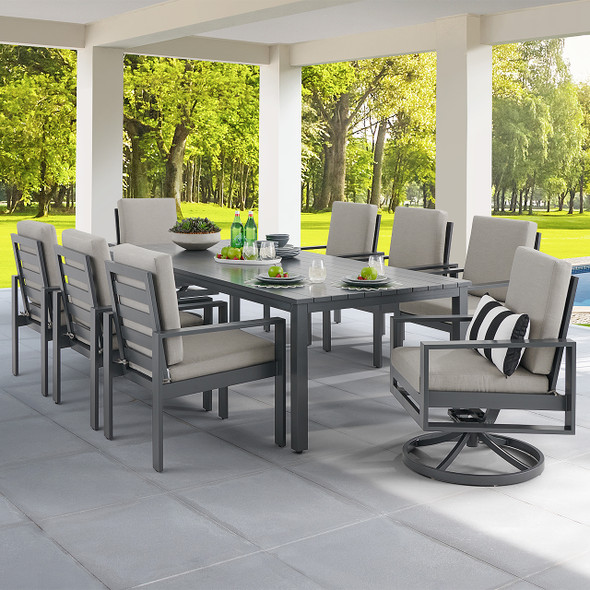 Soho Slate Grey Aluminum with Cushions 9 Pc. Combo Dining Set + 100 x 44 in. Rect. Slat Top Table