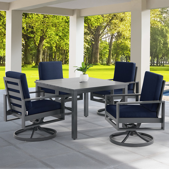 Soho Slate Grey Aluminum with Cushions 5 Piece Swivel Dining Set + 46 in. Sq. Slat Top Table