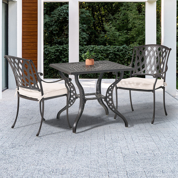 Tivoli Aged Bronze Cast Aluminum with Cushions 3 Piece Bistro Set + 32 in. Sq. Table