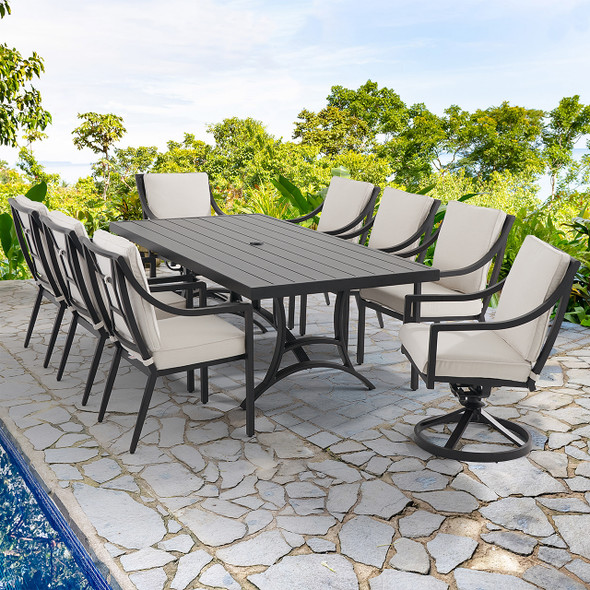Hill Country Aged Bronze Aluminum and Cushion 9 Piece Combo Dining Set + 84 x 42 in. Table Hill Country Aged Bronze Aluminum and Cushion 9 Piece Combo Dining Set + 84 x 42 in. Table