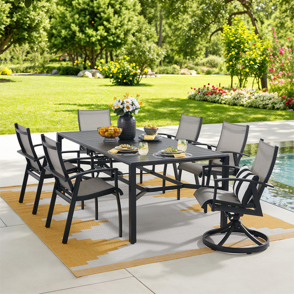 Ventura Textured Black Aluminum with Mica Pearl Sling 7 Piece Combo Dining Set + 84 x 42 in. Table