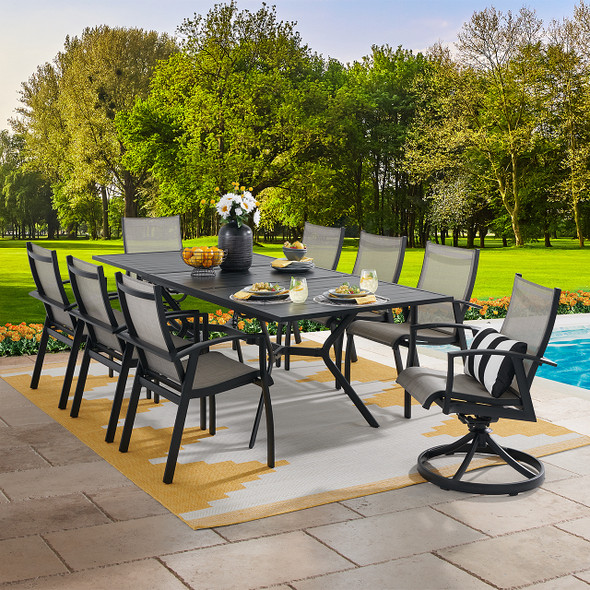 Ventura Textured Black Aluminum with Mica Pearl Sling 9 Piece Combo Dining Set + 74-94 x 44 in. Table