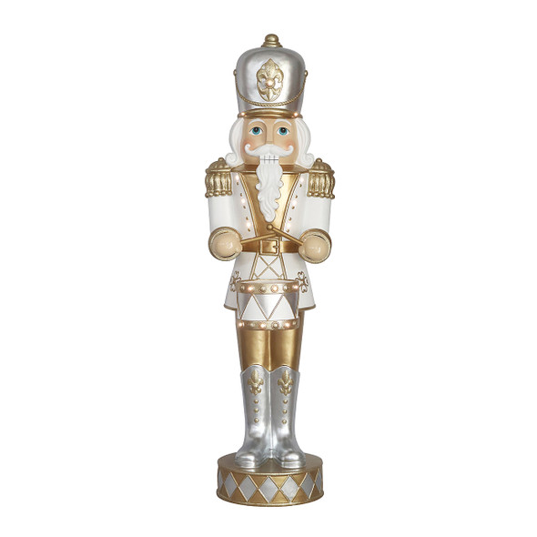 In-Store Only - 5 ft. Nutcracker Musical Drummer Boy Ivory and Gold Statue with 15 LED Multicolor Lights