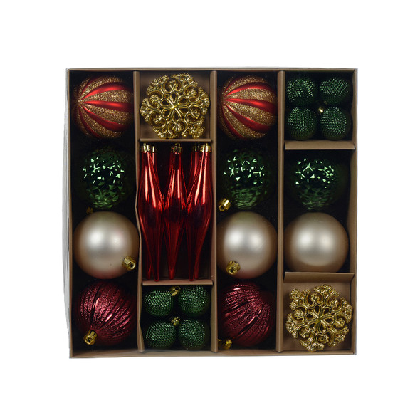 Assorted Red, Green and Gold Shatterproof Christmas Ornaments, Set of 46