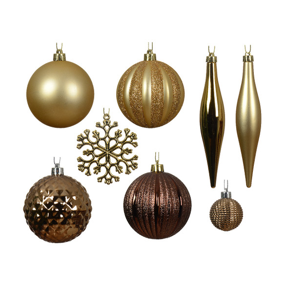 Assorted Gold Shatterproof Christmas Ornaments, Set of 46