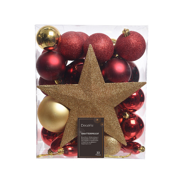 Assorted Red and Gold Shatterproof Christmas Ornaments with Gold Star Tree Topper, Set of 33