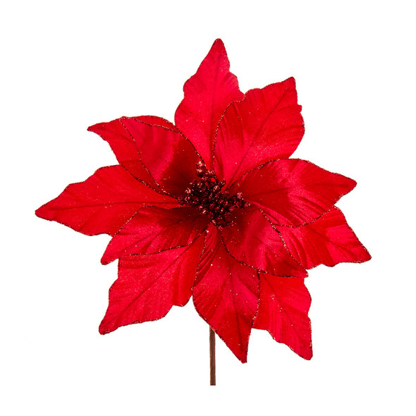 14 in. Red Velvet Glitter Poinsettia Pick