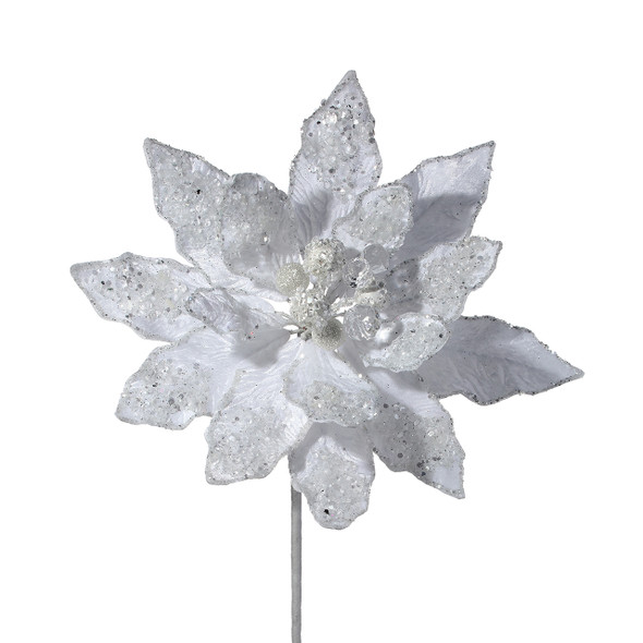 24 in. White Iced with Jewel Encrusted Poinsettia Pick