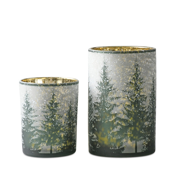 Christmas Tree Scene Glass Candle Holders, Set of 2