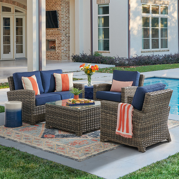 Sonoma Husk Outdoor Wicker with Cushions 4 Piece Loveseat Group + 32 in. Sq. Glass Top Coffee Table Sonoma Husk Outdoor Wicker with Cushions 4 Piece Loveseat Group + 32 in. Sq. Glass Top Coffee Table
