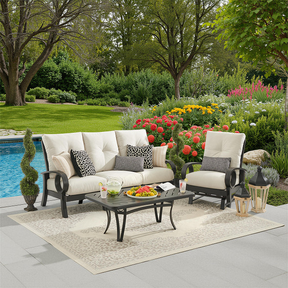 Eclipse Autumn Rust Aluminum with Pashmina Cloud Cushions 3 Piece Sofa Group + 50 x 28 in. Slat Top Coffee Table