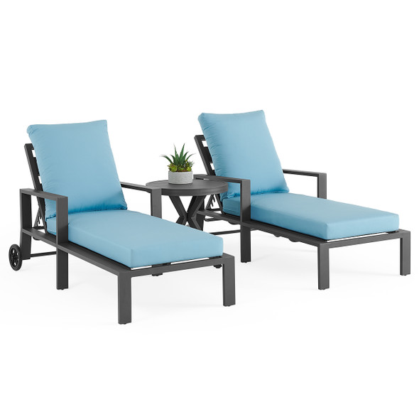Montecito Charcoal Aluminum with Cushions 3 Piece Chaise Lounge Set + 24 in. D Side Table Montecito Charcoal Aluminum with Cushions 3 Piece Chaise Lounge Set + 24 in. D Side Table