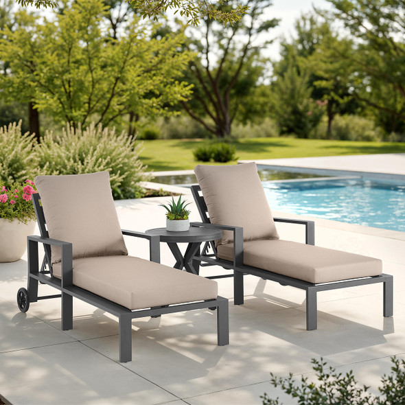 Montecito Charcoal Aluminum with Cushions 3 Piece Chaise Lounge Set + 24 in. D Side Table