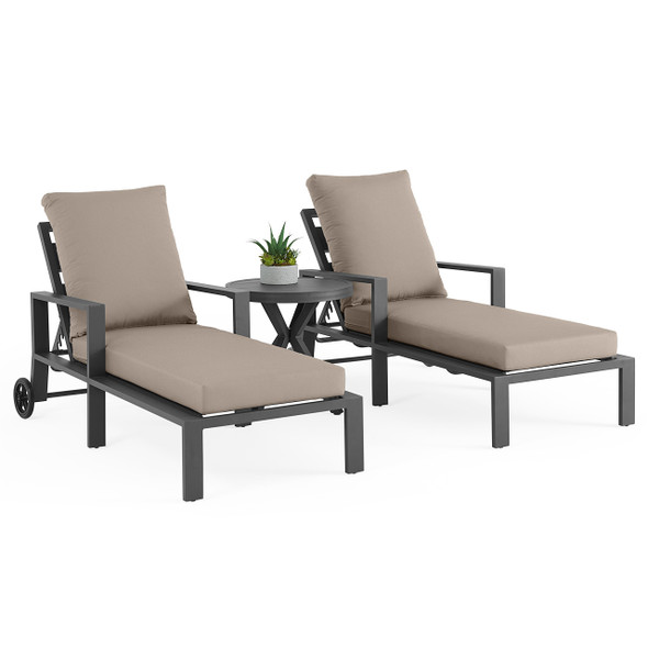 Montecito Charcoal Aluminum with Cushions 3 Piece Chaise Lounge Set + 24 in. D Side Table