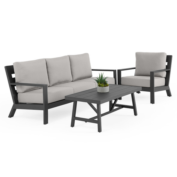 Montecito Charcoal Aluminum with Cushions 3 Piece Sofa Group + 48 x 26 in. Coffee Table
