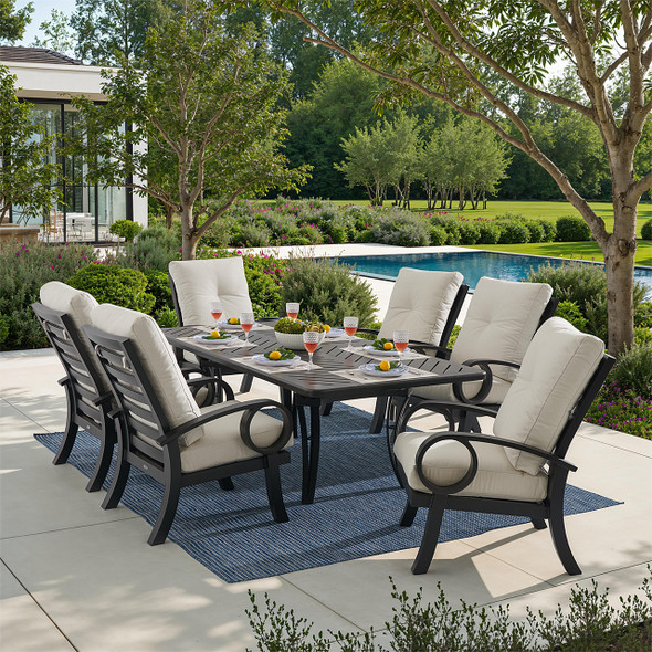 Eclipse Autumn Rust Aluminum and Pashmina Cloud Cushion 7 Pc. Dining Set with 84 x 42 in. Table