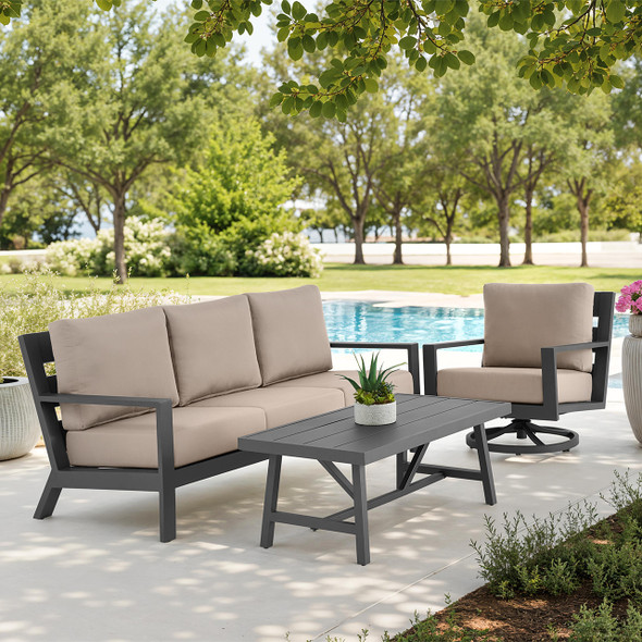 Montecito Charcoal Aluminum with Cushions 3 Piece Swivel Sofa Group + 48 x 26 in. Coffee Table