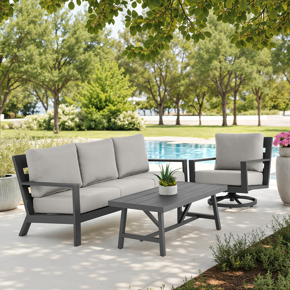 Montecito Charcoal Aluminum with Cushions 3 Piece Swivel Sofa Group + 48 x 26 in. Coffee Table