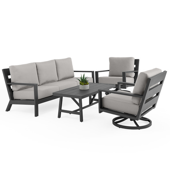 Montecito Charcoal Aluminum with Cushions 4 Piece Swivel Sofa Group + 48 x 26 in. Coffee Table