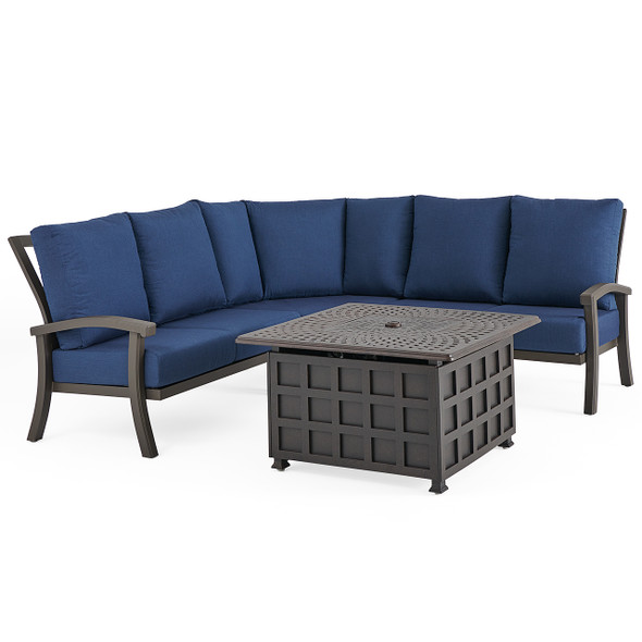 Fairmont Aged Bronze Aluminum with Cushions 4 Piece Sectional + 42 in. Sq. Carlisle Fire Pit Fairmont Aged Bronze Aluminum with Cushions 4 Piece Sectional + 42 in. Sq. Carlisle Fire Pit
