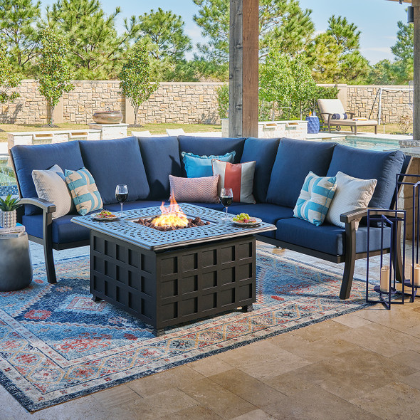 Fairmont Aged Bronze Aluminum with Cushions 4 Piece Sectional + 42 in. Sq. Carlisle Fire Pit Fairmont Aged Bronze Aluminum with Cushions 4 Piece Sectional + 42 in. Sq. Carlisle Fire Pit