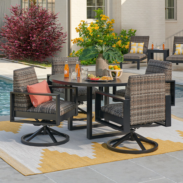 Chelsea Textured Black Aluminum and Weathered Teak Outdoor Wicker Concealed Cushions 5 Piece Swivel Dining Set + 52 in. D Table Chelsea Textured Black Aluminum and Weathered Teak Outdoor Wicker Concealed Cushions 5 Piece Swivel Dining Set + 52 in. D Table