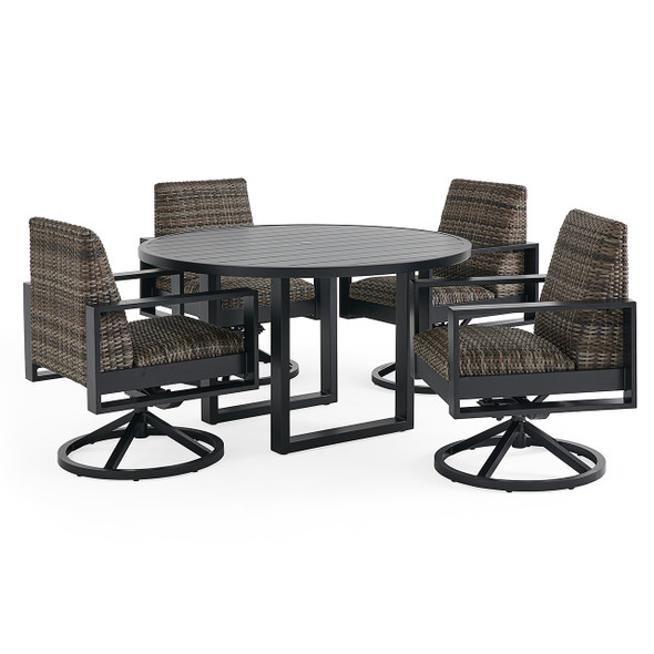 Chelsea Textured Black Aluminum and Weathered Teak Outdoor Wicker Concealed Cushions 5 Piece Swivel Dining Set + 52 in. D Table Chelsea Textured Black Aluminum and Weathered Teak Outdoor Wicker Concealed Cushions 5 Piece Swivel Dining Set + 52 in. D Table