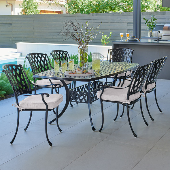 Tivoli Matte Black Cast Aluminum with Cushions 7 Piece Dining Set + 72 x 42 in. Table Tivoli Matte Black Cast Aluminum with Cushions 7 Piece Dining Set + 72 x 42 in. Table
