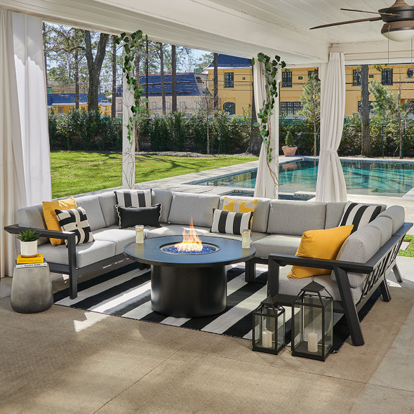 St. Lucia Midnight Aluminum with Cushions 8 Piece Sectional Group + 48 in. D Fire Pit Table St. Lucia Midnight Aluminum with Cushions 8 Piece Sectional Group + 48 in. D Fire Pit Table