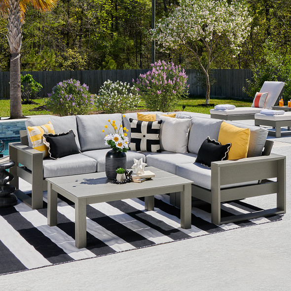 Montauk Polymer with Cushions 6 Piece Modular Sectional + 45 x 31 in. Coffee Table Montauk Polymer with Cushions 6 Piece Modular Sectional + 45 x 31 in. Coffee Table