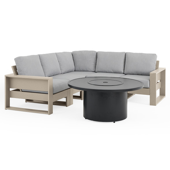 Montauk Weathered Wood Polymer with Cushions 6 Piece Modular Sectional + 48 in. D Black Sintered Fire Pit Table Montauk Weathered Wood Polymer with Cushions 6 Piece Modular Sectional + 48 in. D Black Sintered Fire Pit Table